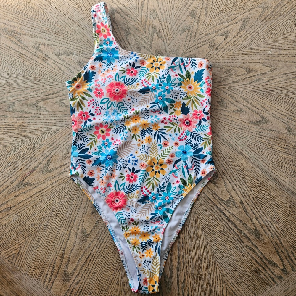 Cottagecore‎ Floral One Shoulder Swimsuit Womens M Multicolor High Cut One Piece